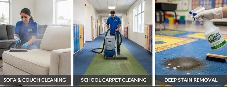 Eco Shine school sofa and couch cleaning service technician cleaning fabric couch in classroom